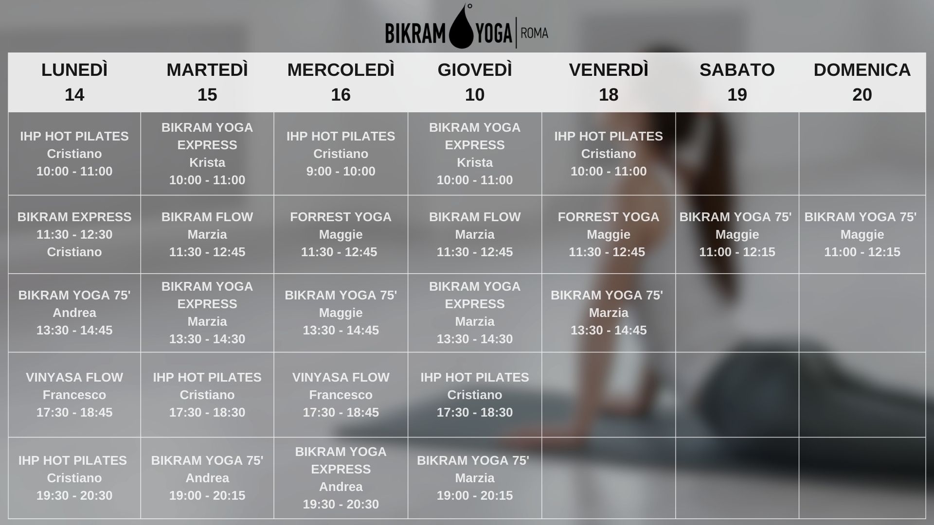 PROVA CAROLYN Orario settimanale Bikram Yoga Roma
