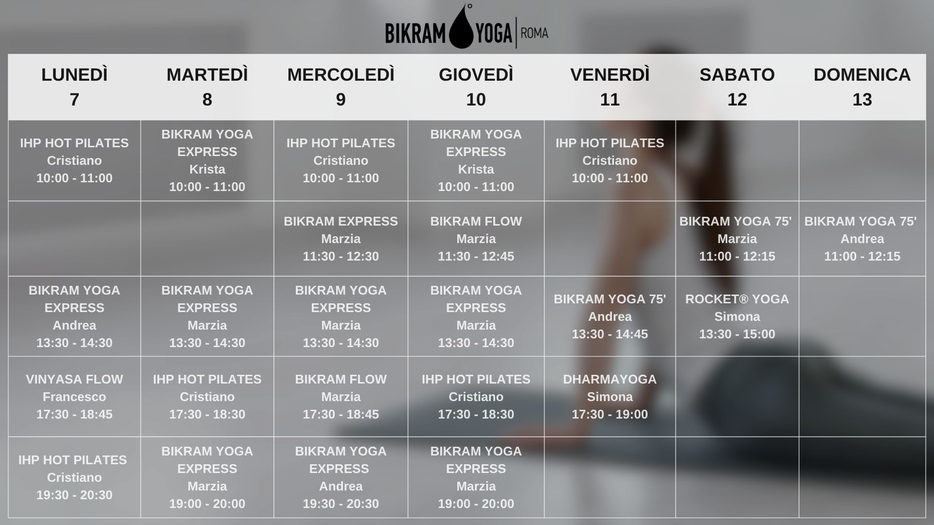 PROVA CAROLYN Orario settimanale Bikram Yoga Roma