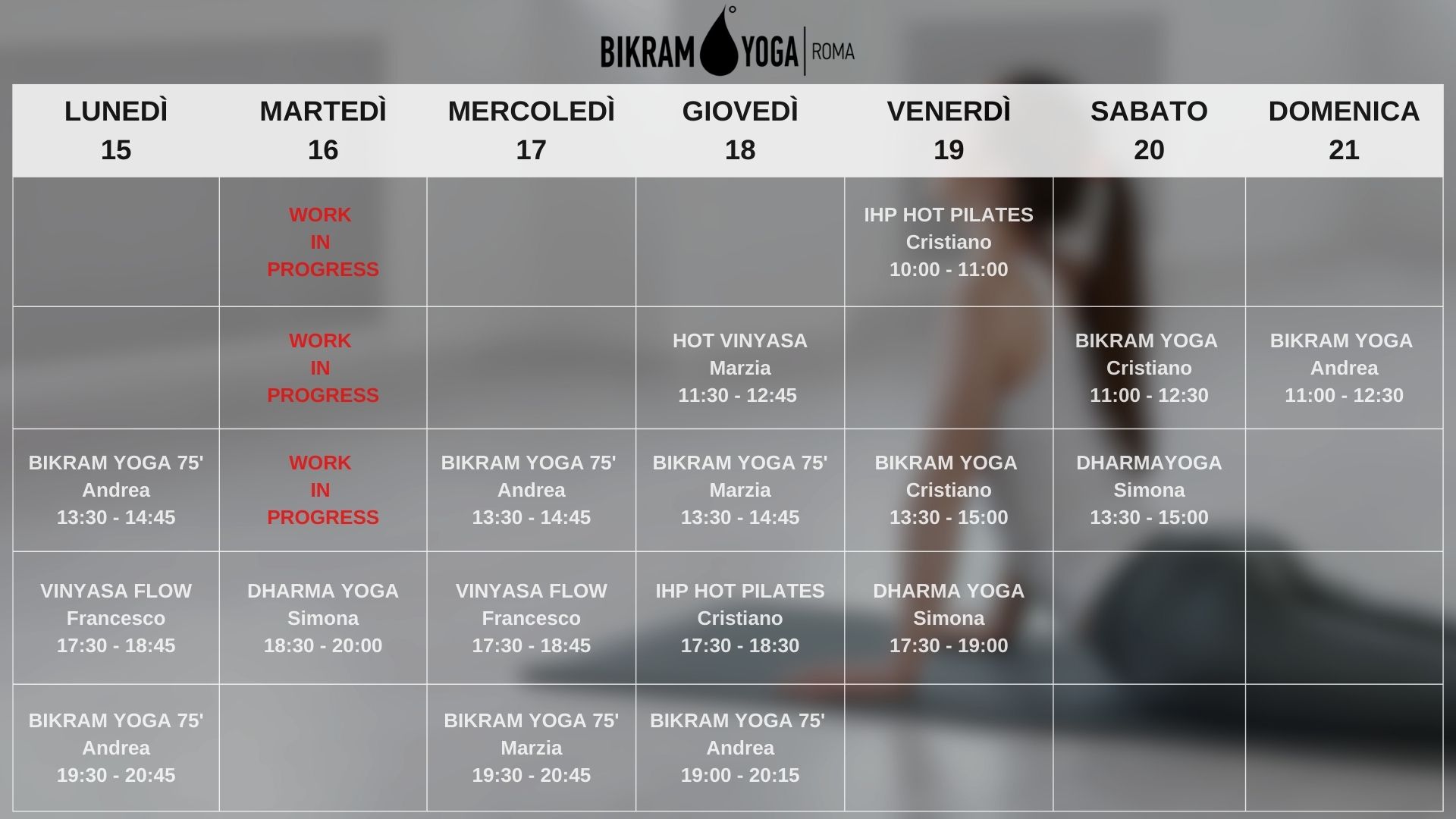 Orario settimanale Bikram Yoga Roma