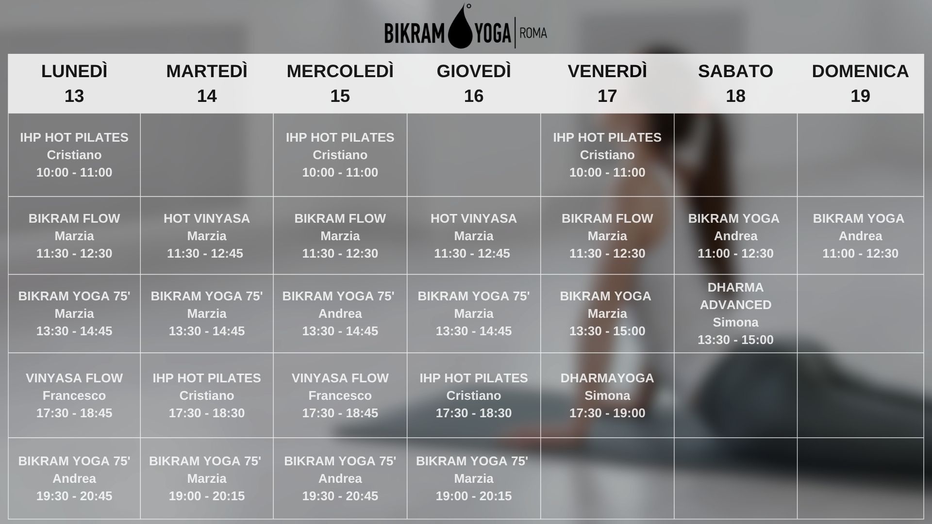 Orario settimanale Bikram Yoga Roma
