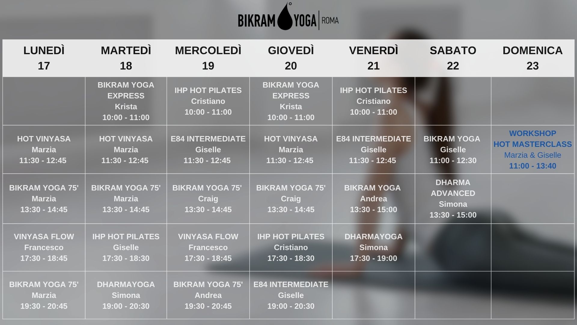 Orario settimanale Bikram Yoga Roma